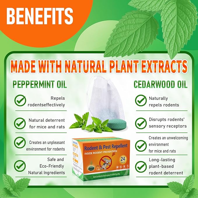 Rodent Mouse Repellent Indoor Outdoor - Peppermint Oil to Repel Mice Mole and Rats, Bug Insect Spider Repellent Pouches, Pest Control Natural Deterrent Safe for Pets & Family 24 Packs