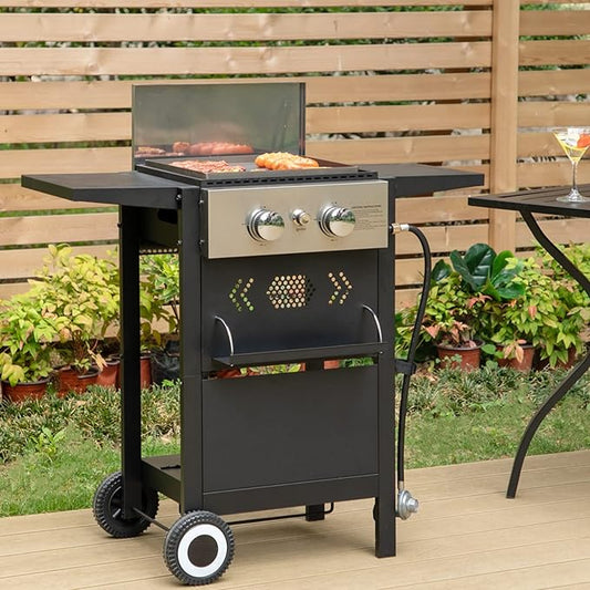 MFSTUDIO 2-Burner Propane Gas BBQ Grill with Cast Iron Griddle Pan, 20,000 BTU Output Small Barbecue Grill for Outdoor, Patio, Backyard and Balcony