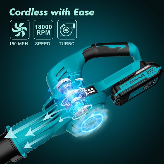 Leaf Blower Cordless - 21V Powerful Electric Leaf Blower with 2 Batteries and Charger, 2 Speed Modes, 2.0Ah Lightweight Battery Powered Leaf Blowers for Lawn Care, Patio, Dust, Blowing Leaves