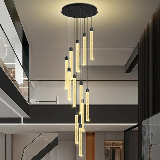 118'' Modern Glam Crystal Column Chandelier for High Ceiling LED Dimmable Pendant Light Staircase Foyer Enterway Living Room Ceiling Chandelier Lighting Black 12 Lights