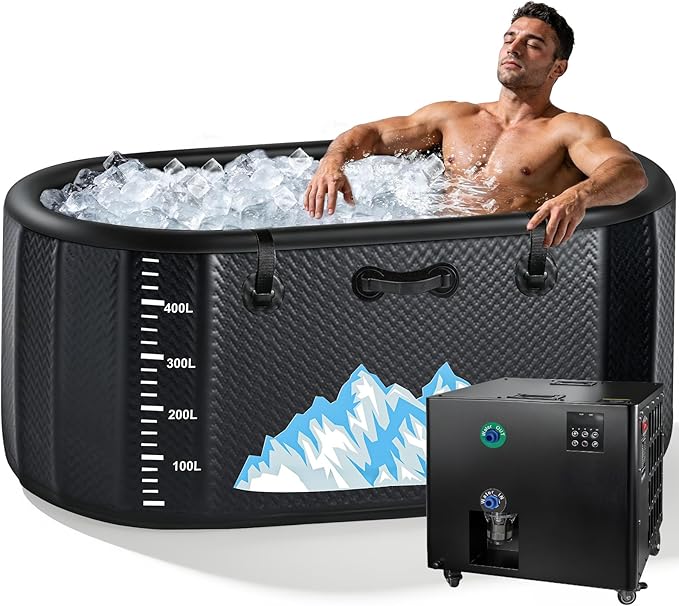 Cold Plunge Tub, 248 Gallon, 1 Horsepower, Heavy-Duty Ice Bath Tub for Athletes with Hot & Cold, Portable Inflatable Plunge Chiller with Water Treatment Kit, Immersion Therapy, WiFi (Black, 1 Set)