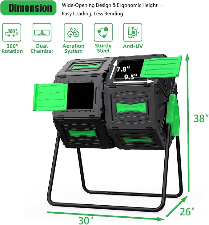 Compost Bin Outdoor, 45Gallon Dual Chamber Composter Large Composting Bin, 360° Rotating Compost Bin, BPA-Free Fast-Working Tumbling Compost Barrel, Kitchen Garden Composter Tumbler (Green)