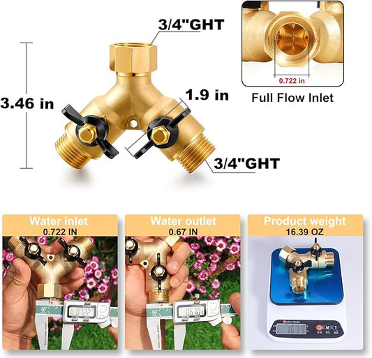 Garden Hose Splitter Full Flow Splitter No Restricted-Flow Connector Heavy Duty Brass Hose y Splitter, 2 way High Flow Hose Bib Adapter with Shut Off Valves (Butterfly Handle 2PCS)
