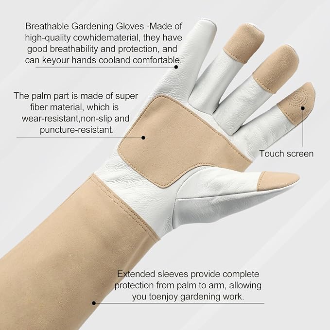 Gardening Gloves Men & Women Long Cowhide Leather Rose Pruning Gloves Breathable & Durable Heavy Duty (L)