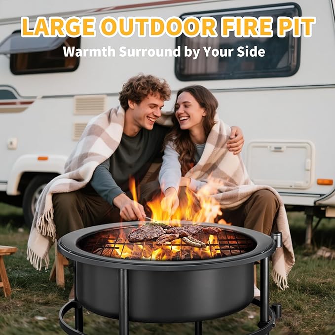 52 Inch Fire Pits for Outside Wood Burning with Rotating Table, Multifunctional Fire Pit with Grill Grate, Poker & Waterproof Cover, Portable Outdoor Bonfire Pit for Camping, Patio, Backyard