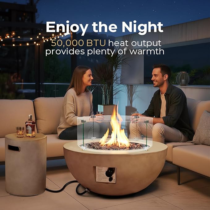31.5inch Round Concrete Fire Pit Table with Glass Wind Guard Propane 50,000 BTU Outdoor Fire Bowl Table CSA Certification Gas Firepits with Steel Lid, Rain Cover for Backyard, Deck