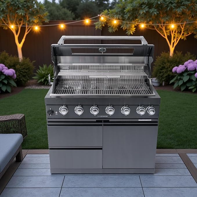BBQ Island Outdoor Kitchen: 43-Inch 6-Burner 85000 BTU Modular Outdoor Kitchen - Outside Grill Islands with Rotisserie Kit + Storage Island for Backyard Family Gatherings Small Business