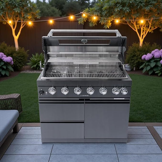 BBQ Island Outdoor Kitchen: 43-Inch 6-Burner 85000 BTU Modular Outdoor Kitchen - Outside Grill Islands with Rotisserie Kit + Storage Island for Backyard Family Gatherings Small Business