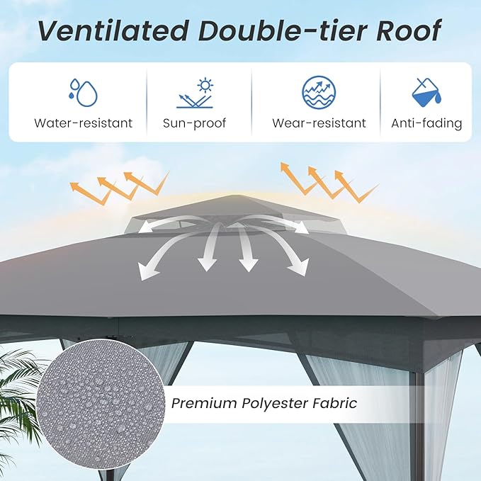Tangkula 10x12 FT Outdoor Gazebo with Netting, Double Roof Patio Shelter with 4 Sandbags, Zippered Doors, Heavy-Duty Metal Frame, Metal Patio Gazebo for Yard Garden Lawn (Grey)