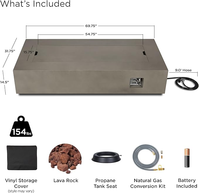Real Flame Aegean 70in Rectangle Propane or Natural Gas Fire Pit Table, 65,000 BTU, Powder-Coated Steel, Push-Button Ignition, CSA Certified, Lava Rock, Storage Cover, Stainless Steel Burner with Lid