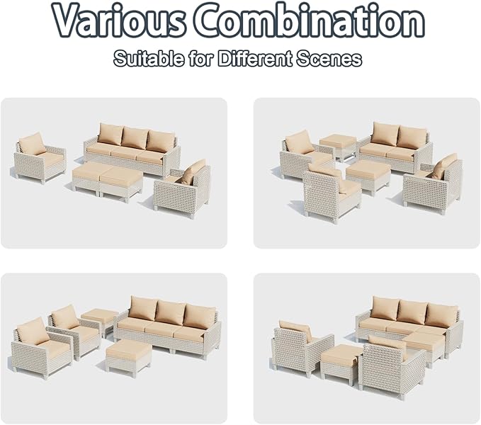 Outdoor Patio Furniture Set with Rattan Fire Pit Table 8-Piece Modular Wicker Sectional Sofa with Ottomans and Thick Cushions, Modern Rattan Outdoor Conversation Couch, Khaki