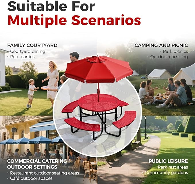 KUFUH 46" Coated Round Metal Picnic Table for 4-8 Person, Durable Heavy Duty Commercial Picnic Table with Umbrella Hole for Outdoor Coffee Shop, School, Easy to Install, Red
