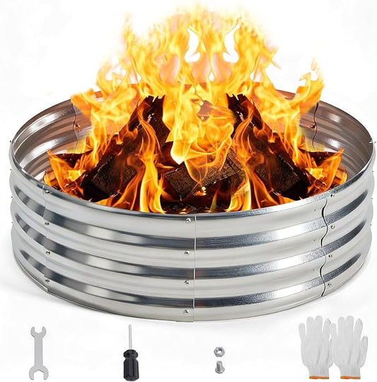 OLIXIS 4FT Round Fire Ring Pit, Outdoor Camp Firepit, Heavy Duty Galvanized Steel 48 Inch Foldable Outside Wood Burning Bonfire Fire Pit Ring for Camping, Backyard, Garden, Beach, Yard Gatherings
