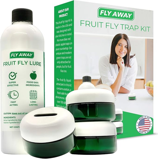 Fly Away - Fruit Fly Trap Kit: 3X Reusable Fruit Fly Traps for Indoors + 12 oz. Liquid Bait. Fast Acting. Attractive Design, Perfect for Homes, Bars and Restaurants. 270+ Day Supply. Made in USA