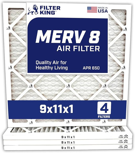 Filter King 9x11x1 Air Filter | 4-PACK | MERV 8 HVAC Pleated A/C Furnace Filters | MADE IN USA | Actual Size: 9 x 11 x .75"