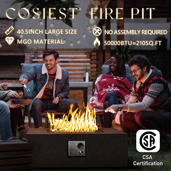 COSIEST Outdoor Propane Fire Pit Coffee Table w Square Faux Stone 35-inch Base, Certified, 50,000 BTU Stainless Steel Burner, Free Lava Rocks and Rain Cover,Tank Cover, Stone Bronze