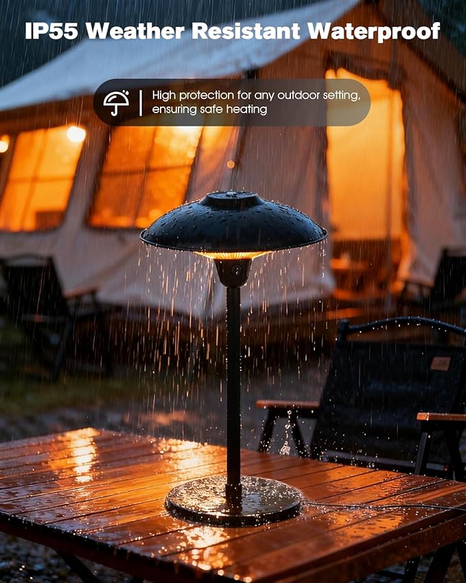 Electric Patio Heater, 1500W Infrared Tabletop Heaters for Indoor Oudoor Use, IP55 Waterproof, Tip-over & Overheating Protection, Quiet Operation, Perfect for Garden, Balcony, Garage, Backyard