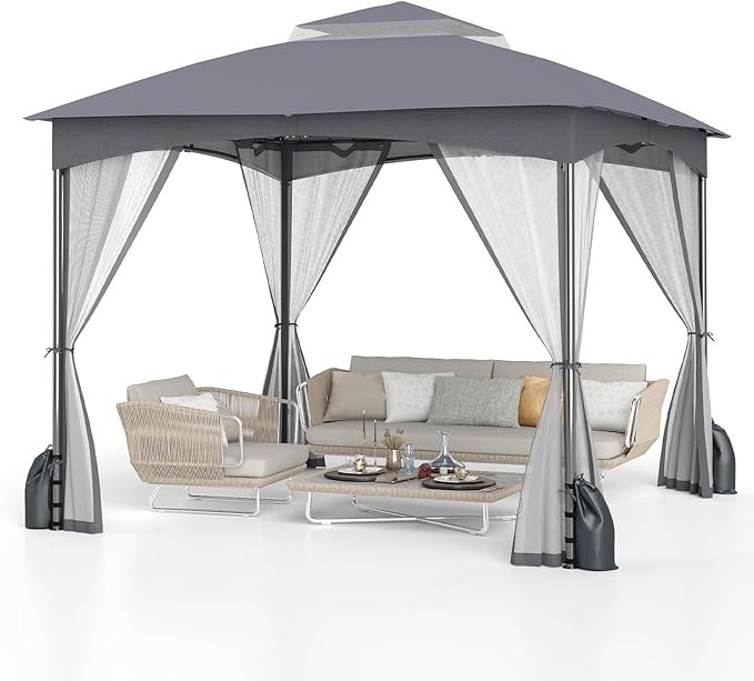 Tangkula 10x10 FT Outdoor Gazebo with Netting, Double Roof Patio Shelter with 4 Sandbags, Zippered Doors, Heavy-Duty Metal Frame, Metal Patio Gazebo for Yard Garden Lawn (Grey)