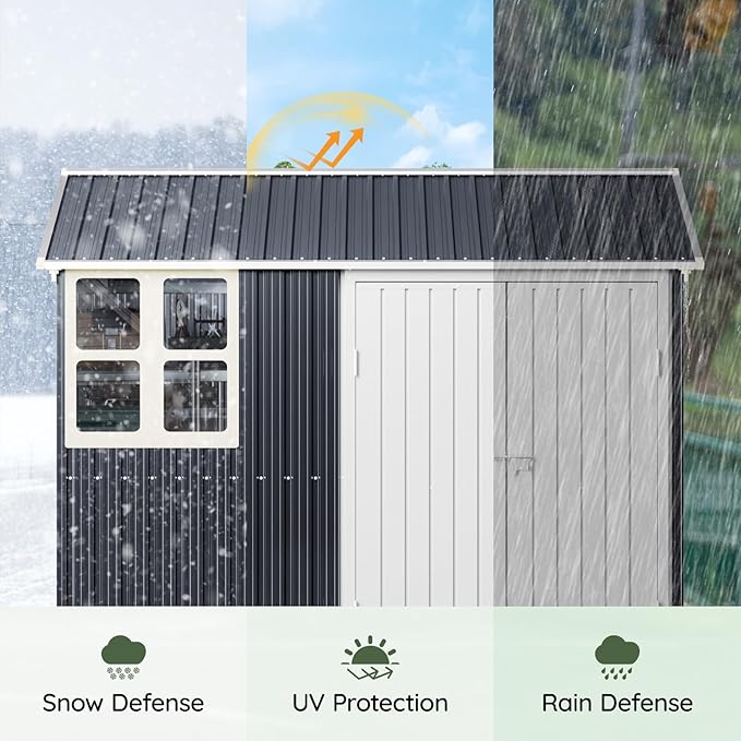 8x6 FT Outdoor Metal Storage Shed with Floor Frame, Double Doors, 1 Clear Window, Tool Shed for Garden, Patio, Backyard