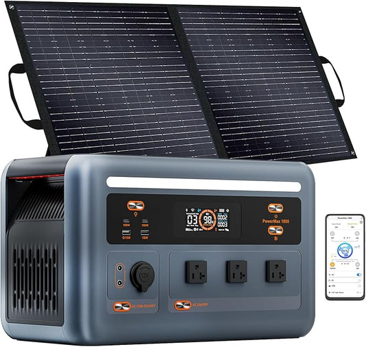 OSCAL 1800W Solar Power Station PowerMax 1800SE with 100W Solar panels, 1024Wh Expandable LiFePO4 Battery Generator with 3×1800W AC Outlets (3600W Peak), 800W AC Charging & 800W Solar Charging, APP