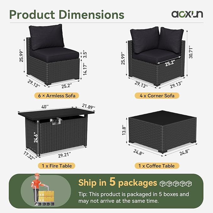Aoxun 12 Piece Patio Furniture Set with 44” Fire Pit Table Wicker Rattan Patio Sectional Sofa Set Outdoor Seating Furniture with Thickened Cushion, Black