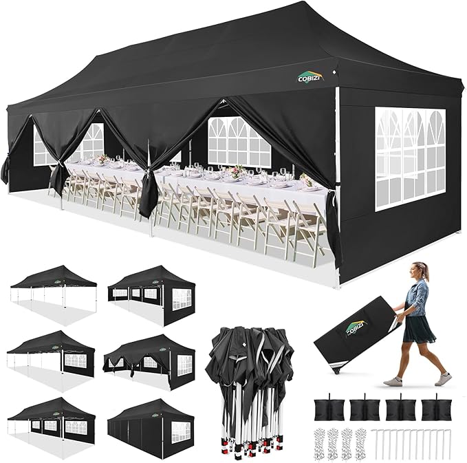 COBIZI 10x30 Pop up Canopy with 8 Removable Sidewalls, Outdoor Canopy Waterproof Commercial Tents for Parties Wedding, with Upgrade Raised Top Cover and Roller Bag, with 4 Sandbags(Black)