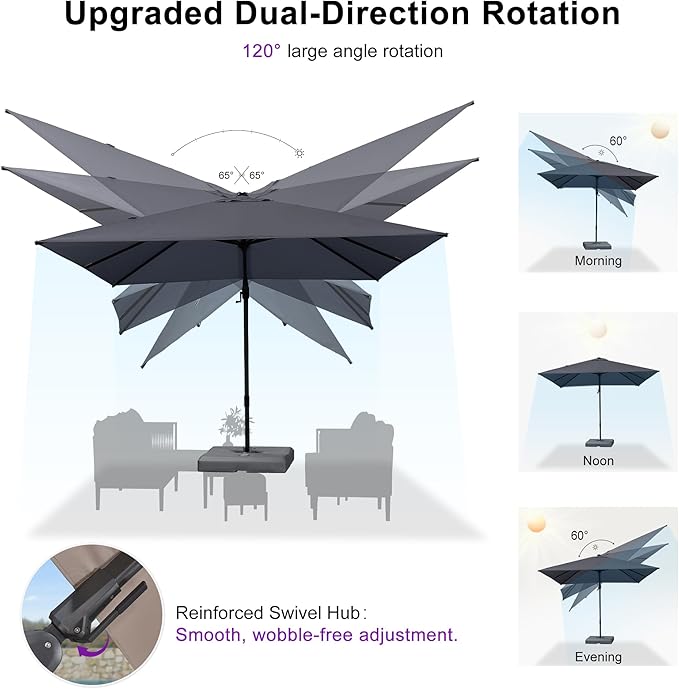 PURPLE LEAF 10' X 10' Left-right Tilting Outdoor Patio Umbrella Swivel Offset Cantilever Heavy Duty Rectangle Aluminum Umbrella with UV Resistant for Deck Pool Patio Backyard, Graphite Grey