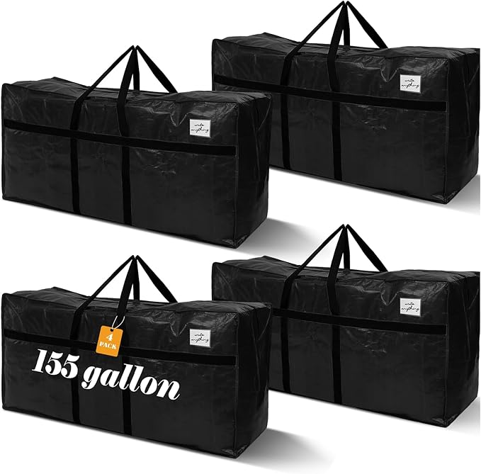 Windyun 4 Pack 155 Gallon Extra Large Storage Bags XXL Moving Bags with Zipper Handles Heavy Duty Jumbo Big Tote Box for Christmas Tree Storage 4, 5, 7.5, 9, 10, 12 ft Skeleton College Dorm(Black)