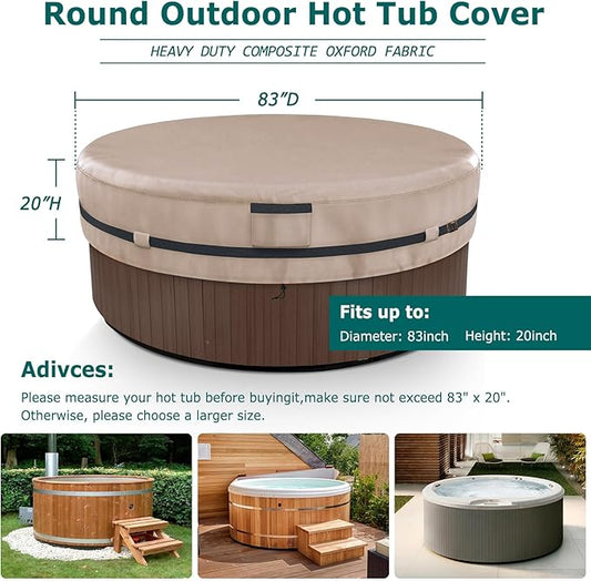 AKEfit Round Hot Tub Cover, 600D Polyester Waterproof for Hot Tub, UV Protection & Windproof, 83''x 20'', Brown