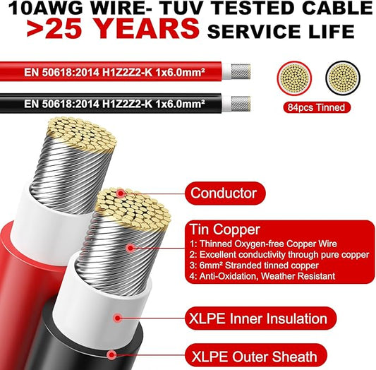 Oududianzi 2x150 Feet Solar Panel Wire, 10AWG Solar Wire Tinned Copper 10 Gauge PV Cable, for Outdoor Automotive RV Boat Marine (150FT Red + 150FT Black)