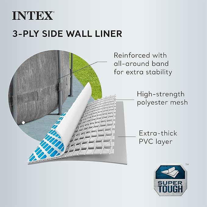 Intex Prism Frame Round Above Ground Outdoor Swimming Pool Set with Filter Pump, Ladder, Ground Cloth, and Pool Cover, Greywood
