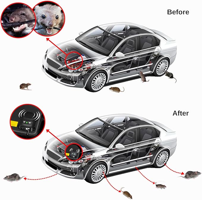 Under Hood Rodent Repellent for Car Engines, Dual Action Ultrasonic & LED Strobe Lights for High-Efficiency Rat and Mouse Deterrent, Pest Control for 12V 24V Vehicles, Cars, Trucks, RVs