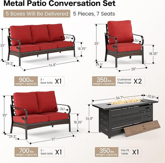 5 Piece Black Metal Outdoor Patio Furniture Sets with Firepit Table, Patio Conversation Sets 1 3-Seater Sofa, 1 2-Seater Sofa, 2 Single Sofa with 5.75" Cushion for Backyard Deck, Red