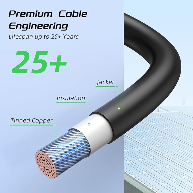 Bateria Power 10Feet 10AWG Solar Panel Extension Cable, 10 Gauge 6mm² PV Wire with Female & Male Waterproof Connectors for RV, Photovoltaic Systems, Set of 2
