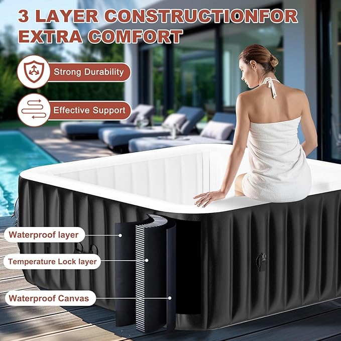 LILYPELLE 4-6 Person Inflatable Hot Tub, Square Portable Hot Tub with 130 Bubble Jets, Large Outdoor Spa Bathtub Set with Heater Pump, Filter and Insulated Cover, 73" X 73" X 25"