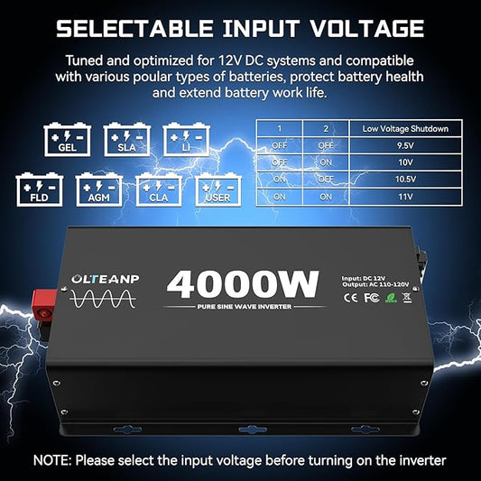 New Upgraded 4000 Watts Pure Sine Wave Inverter, 12V DC to 110V AC Power Inverter with 4 AC Outlets, USB Port, Type-C Port for Truck, Vehicle, Power Outage, Remote Control with LCD Screen