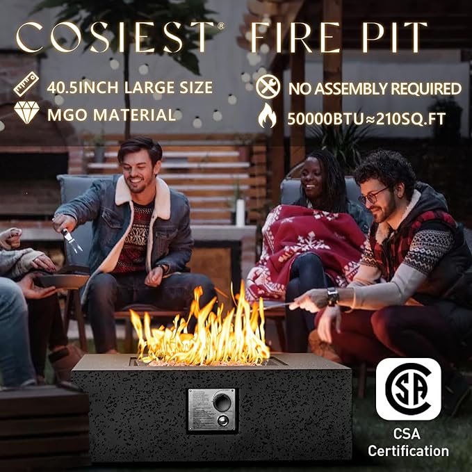 COSIEST Outdoor Propane Fire Pit Coffee Table w Square Faux Stone 35-inch Base, Certified, 50,000 BTU Stainless Steel Burner, Free Lava Rocks and Rain Cover,Tank Cover, Gray