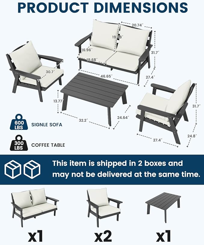 FOOWIN 4-Piece Patio Furniture Set, HDPE All-Weather Outdoor Conversation Set with Thick Cushions, Sectional Patio Sofa Furniture for Deck, Porch, Lawn, Garden, Grey Frame & White Cushion