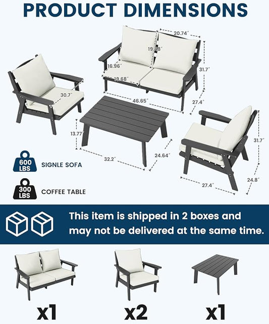 FOOWIN 4-Piece Patio Furniture Set, HDPE All-Weather Outdoor Conversation Set with Thick Cushions, Sectional Patio Sofa Furniture for Deck, Porch, Lawn, Garden, Grey Frame & White Cushion