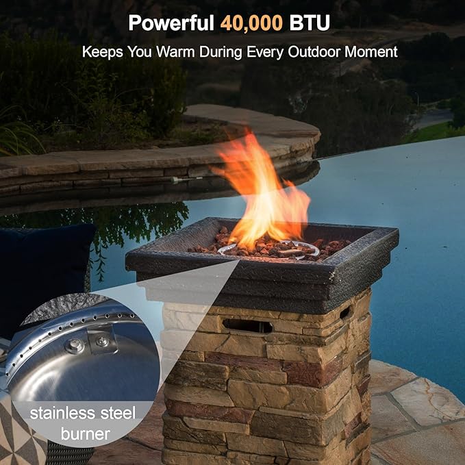 Outdoor Propane Fire Pit Table, 19.5 Inch Column MGO Concrete Gas Fire Pit with Lava Rocks, Smokless Firepits for Outside Patio, Garden, Backyard, 40,000 BTU, Tank Inside, Stone Gray