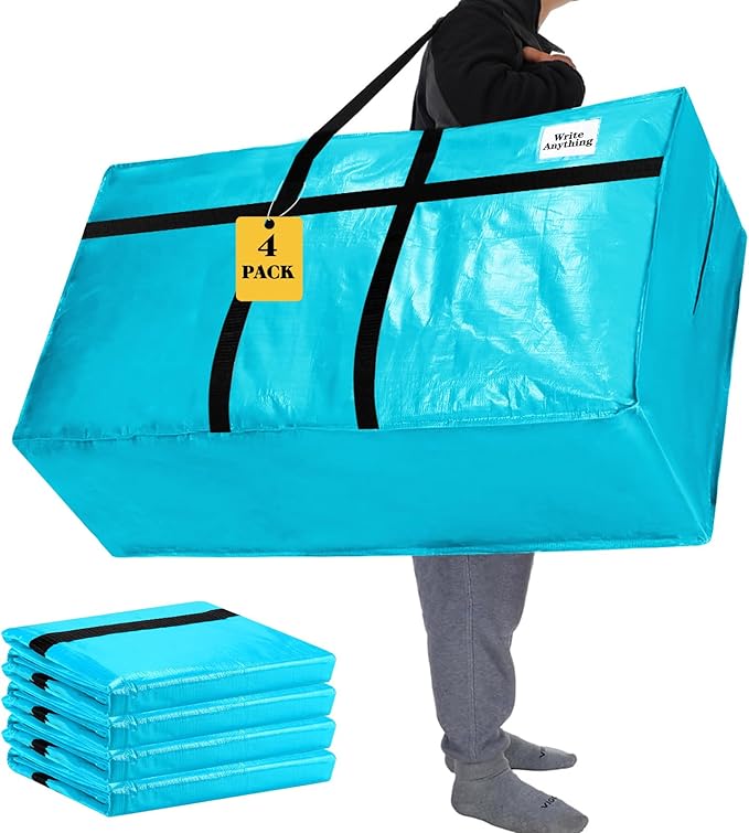 Windyun 4 Pack 57 Gallon Extra Large Storage Bags XXL Moving Bags with Zipper Handles Heavy Duty Jumbo Big Tote Box for Christmas Tree Storage 4, 5, 7.5, 9, 10, 12 ft Skeleton College Dorm(Lake Blue)