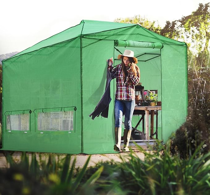 EAGLE PEAK Instant Pop-up Greenhouse, Indoor Outdoor Plant Gardening Green House, Roll-Up Zipper Doors & Side Windows - Winter Support Pole, Walk in 12x8 ft, Green/Clear