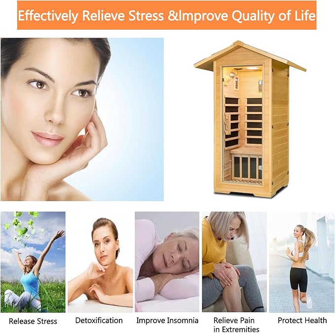 Outdoor Far Infrared Home Sauna, 1 Person Hemlock Wood Sauna Box, 1400W 5 Carbon Crystal Heating Panels Indoor Sauna Room, Personal Sauna Hot Yoga Essentials Gym Accessories Workout Equipment