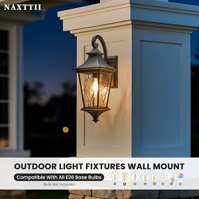 NAXTTII Outdoor Sconce Lights Black Porch Lights Outdoor Aluminum Waterproof Exterior Lighting Fixtures with Water Ripple Handmade Solder Glass E26 Socket