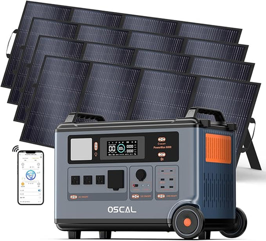 OSCAL PowerMax 6000 Solar Generator with 4x400W Solar Panel, 120V/240V Portable Power Station 6000W AC Outlets (9000W Peak), 2200W AC Charging/2400W PV Charging for Home, Emergency