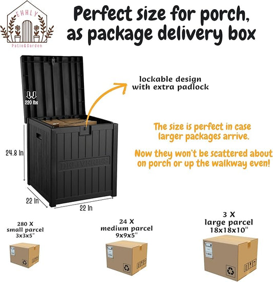 51 Gallon Resin Delivery Box for Outside, Lockable Secure Package Bin for Front Porch, Large Deck Boxes Outdoor Waterproof, Delivery Driver Snack Box for Porch, Black