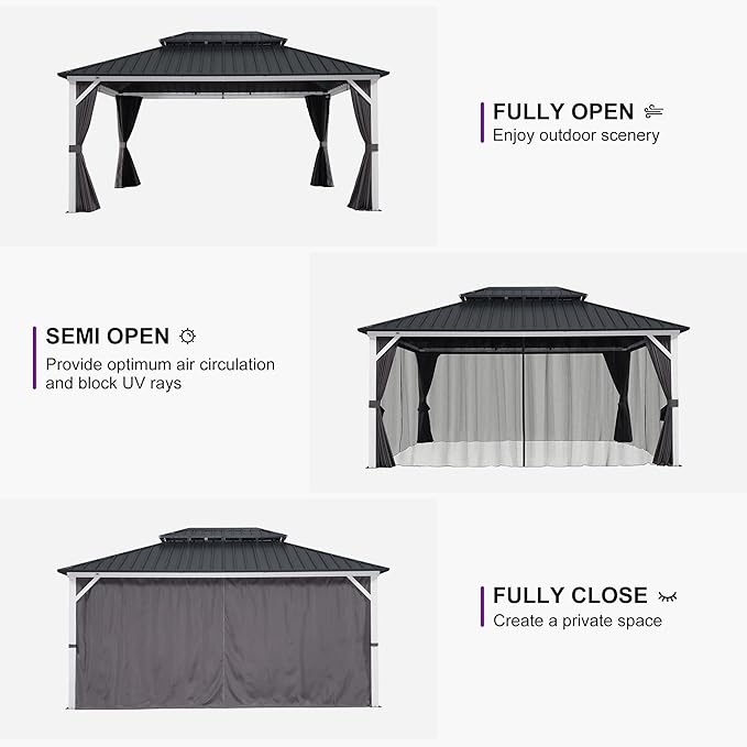 PURPLE LEAF 12' X 16' Hardtop Gazebo Metal Double Roof White Aluminum Frame Outdoor Heavy Duty Gazebo with Curtain and Netting for Patio Garden and Backyard, Grey