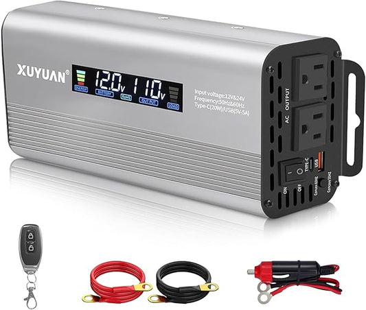 500W Pure Sine Wave Inverter,12V/24V Auto-Detect, 50Hz/60Hz Switchable, LCD Display, Type-C Fast Charging, Silent Design, Overload & Overheat Protection for RV, Home