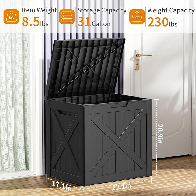 31 Gallon Outdoor Storage Box, Large Resin Deck Box for Patio Cushions, Garden Tools, Pool Accessories, Waterproof and Lockable Design, Storage Bench for Backyard & Deck(Black)
