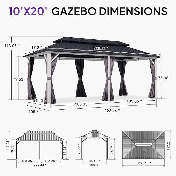 PURPLE LEAF 10' X 20' Hardtop Gazebo Metal Double Roof White Aluminum Frame Outdoor Heavy Duty Gazebo with Curtain and Netting for Patio Garden and Backyard, Grey